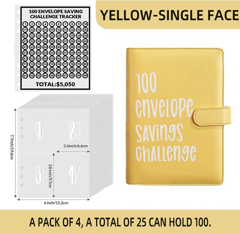 AASLOB 100 Envelopes Money Saving Challenge, 100 Envelope Challenge Binder, Easy and Fun Way to Save $5,050, Savings Challenges Budget Book Binder with Cash Envelopes for Office,Home,School (Yellow) - Image 2